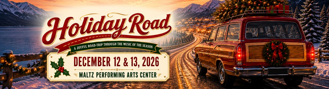 Holiday Road banner for North Coast Men’s Chorus, showing a snowy mountain road, vintage station wagon, and concert dates December 12 and 13, 2026.